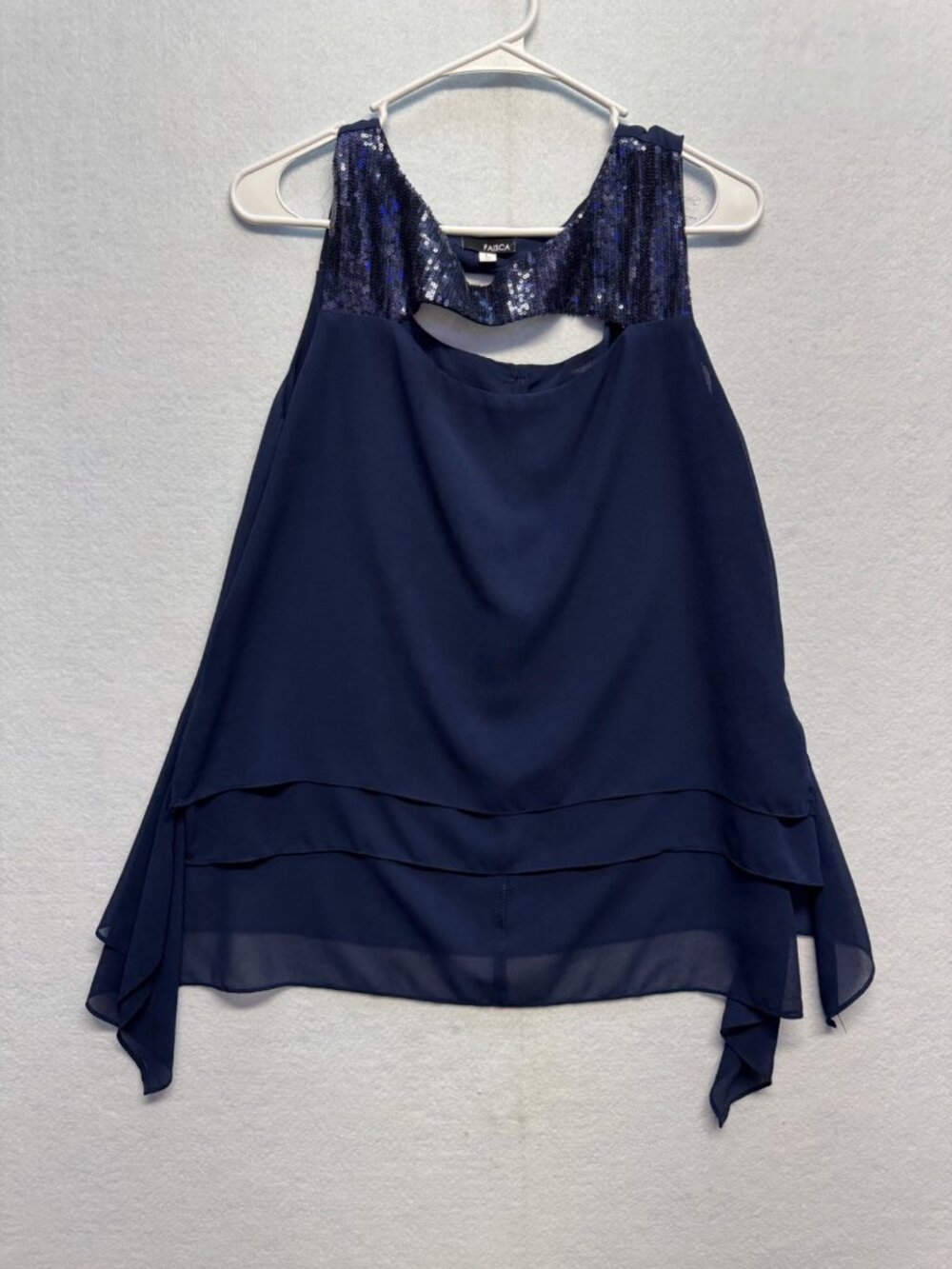 Navy Blue Sleeveless Sequin Accent Layered Chiffon Blouse Top By Faisca L